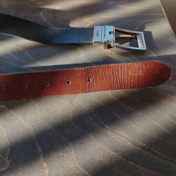 Vtg Guess reversible black/mahogany leather square buckle belt - Picture 8 of 11